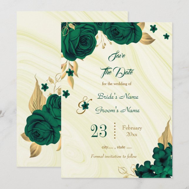 elegant emerald green gold floral leaves save the date (Front/Back)