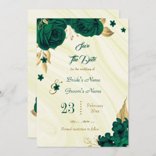 elegant emerald green gold floral leaves save the date