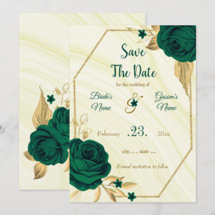 elegant emerald green gold floral save the date
