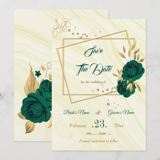 elegant emerald green gold floral save the date (Front/Back)