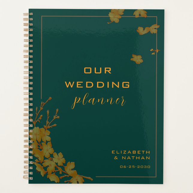 Elegant Emerald Green & Gold Floral Wedding Planner (Front)