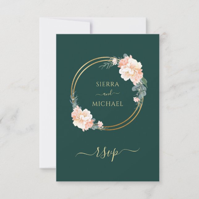 Elegant Emerald Green Gold Floral Wedding RSVP Card (Front)