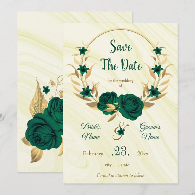 elegant emerald green gold floral wreath save the date (Front/Back)