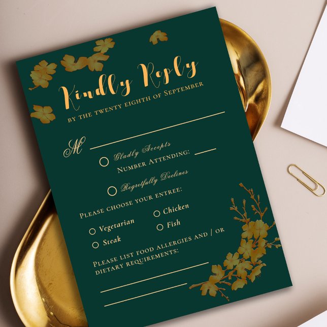 Elegant Emerald Green & Gold Flowers RSVP Card (Creator Uploaded)