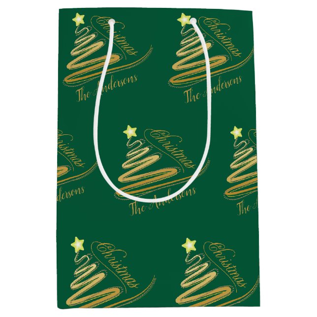 Elegant Emerald Green Gold Foil Christmas Tree Medium Gift Bag (Front)
