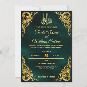 Elegant Emerald Green & Gold Frame Islamic Wedding Invitation