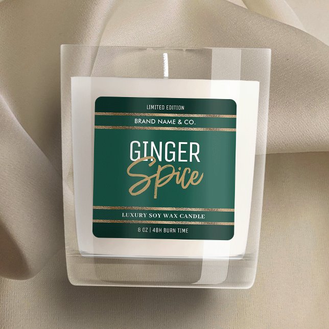 Elegant Emerald Green Gold Glitter Modern Candle Square Sticker (Elegant emerald green and gold glitter square labels - perfect for candles, diffusers, wax melts etc)