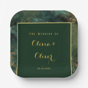 Elegant Emerald Green & Gold Glitter Wedding Paper Plate