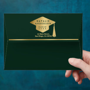 Elegant Emerald Green Gold Graduate Hat Graduation Envelope