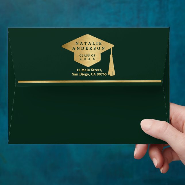 Elegant Emerald Green Gold Graduate Hat Graduation Envelope (Hand)
