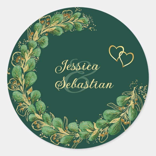 Elegant Emerald Green & Gold Jewel Tone Wedding Classic Round Sticker (Front)