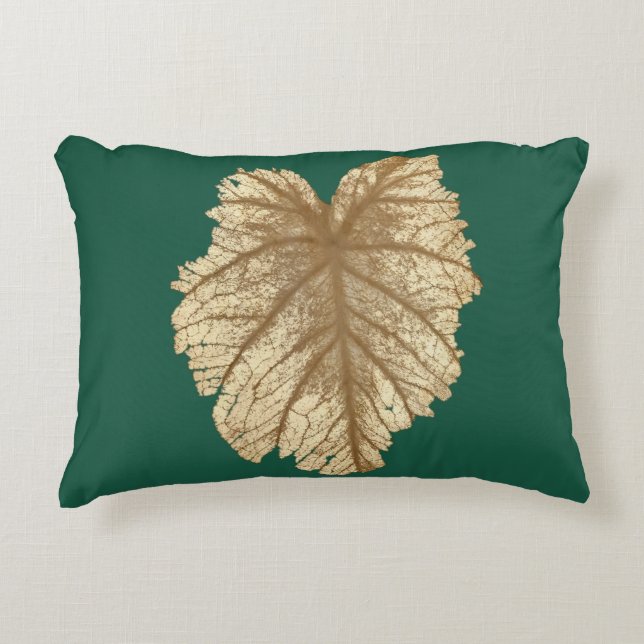Elegant Emerald Green Gold Leaf Accent Pillow (Front)