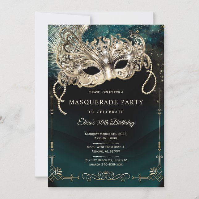 Elegant Emerald Green Gold Masquerade Party Invitation (Front)