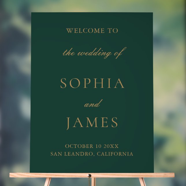 Elegant Emerald Green Gold Minimalist Wedding Acrylic Sign (Neutral)
