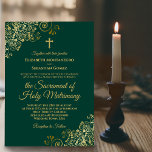 Elegant Emerald Green Gold Modern Catholic Wedding Invitation<br><div class="desc">This beautiful wedding invitation is perfect for a modern Catholic ceremony. It features a beautiful design with elegant gold script lettering and ornate golden curls and swirls in the corners on an emerald green background. Includes a cross or crucifix, and wording inviting your guests to attend a nuptial mass uniting...</div>