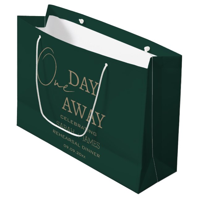 Elegant Emerald Green Gold One Day Away Wedding  Large Gift Bag (Front Angled)