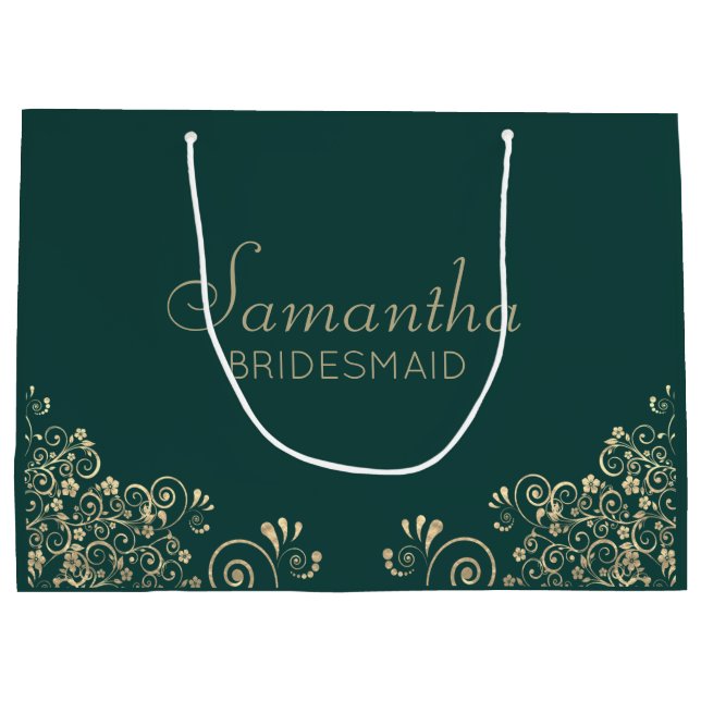 Elegant Emerald Green Gold Personalized Bridesmaid Large Gift Bag (Back)