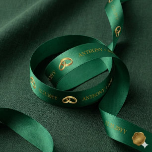 Elegant Emerald Green Gold Personalized Name Satin Ribbon