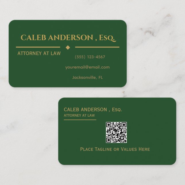 Elegant Emerald Green & Gold QR Code Business Card (Front/Back)