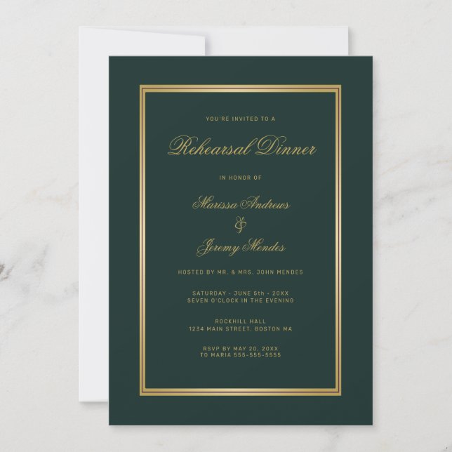 Elegant Emerald Green Gold Script Rehearsal Dinner Invitation (Front)