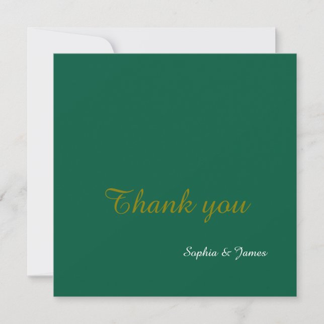 Elegant Emerald Green & Gold Script Wedding Thank You Card (Front)