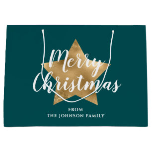 Elegant Emerald Green Gold Star Christmas Large Gift Bag