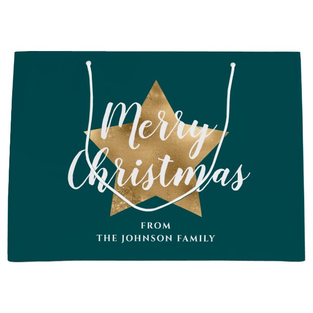 Elegant Emerald Green Gold Star Christmas Large Gift Bag (Front)