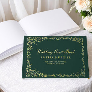 Elegant Emerald Green & Gold Vintage Floral Guest Book