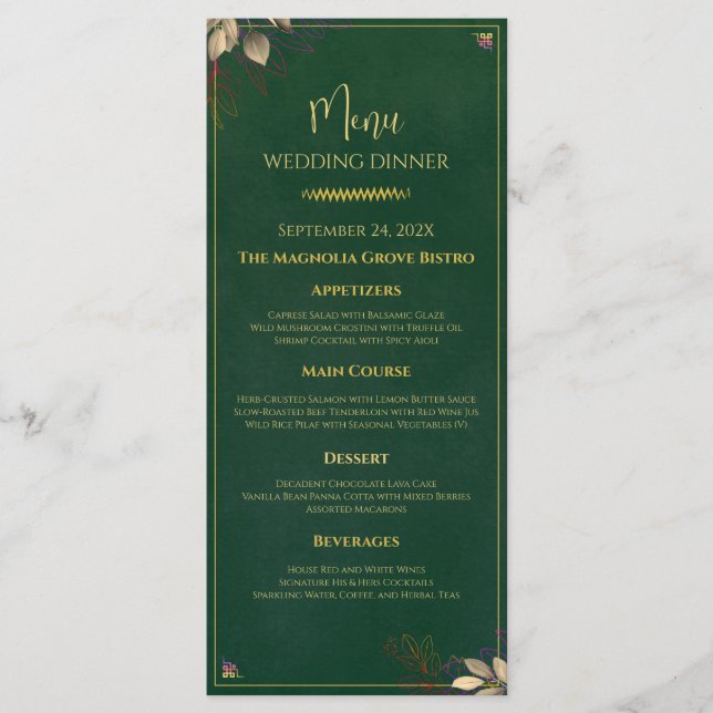 Elegant Emerald Green & Gold Wedding Dinner Menu (Front)