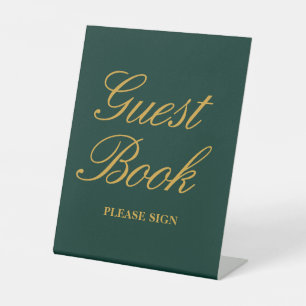 Elegant Emerald Green Gold Wedding Guest Book Pedestal Sign