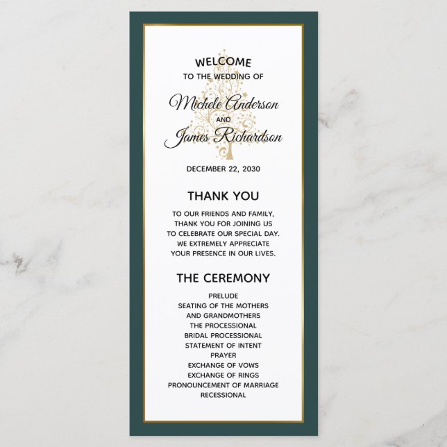 Elegant Emerald Green Gold Winter Holiday Wedding Program (Front)