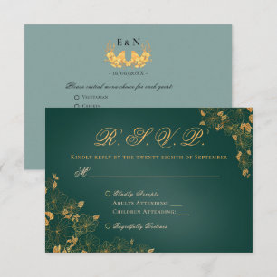 Elegant Emerald Green Golden Foliage Birds Initial RSVP Card
