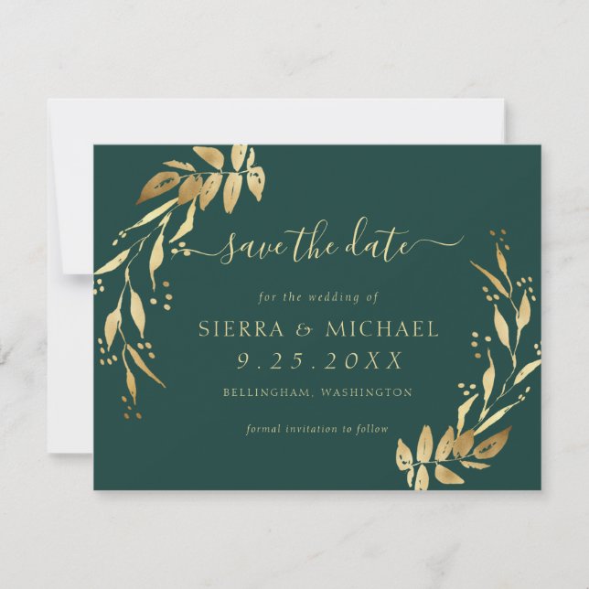 Elegant Emerald Green Golden Foliage Save the Date Invitation (Front)