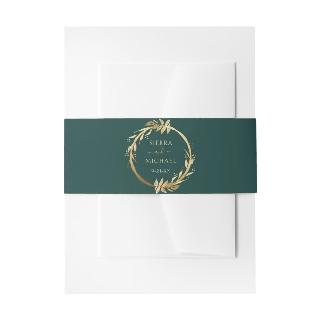 Elegant Emerald Green Golden Foliage Wedding Invitation Belly Band (Front Example)
