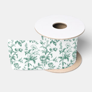 Elegant Emerald Green Grandmillennial Toile Floral Satin Ribbon