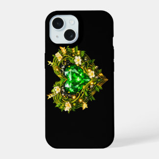 Elegant Emerald Green Heart Floral iPhone 15 Case