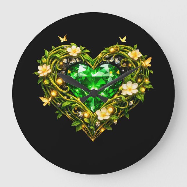 Elegant Emerald Green Heart Luxury Wall Clock (Front)