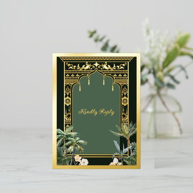 Elegant Emerald Green Indian Wedding RSVP Postcard (Standing Front)