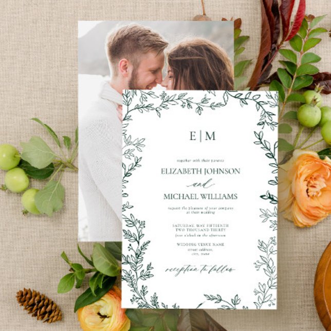Elegant Emerald Green Leaf Photo Monogram Wedding Invitation (Creator Uploaded)