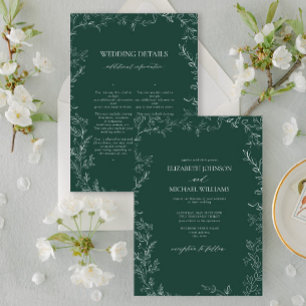 Elegant Emerald Green Minimal Leaf Details Wedding Invitation