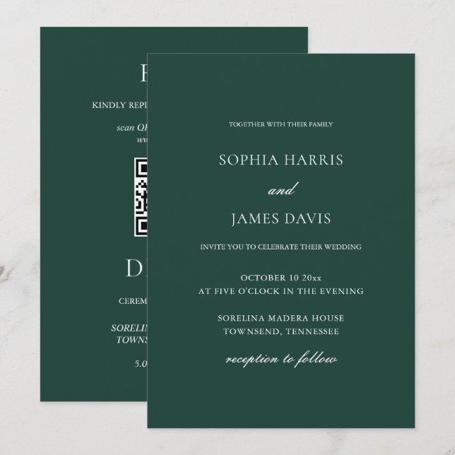 Elegant Emerald Green Minimal Wedding All in One Invitation (Front/Back)