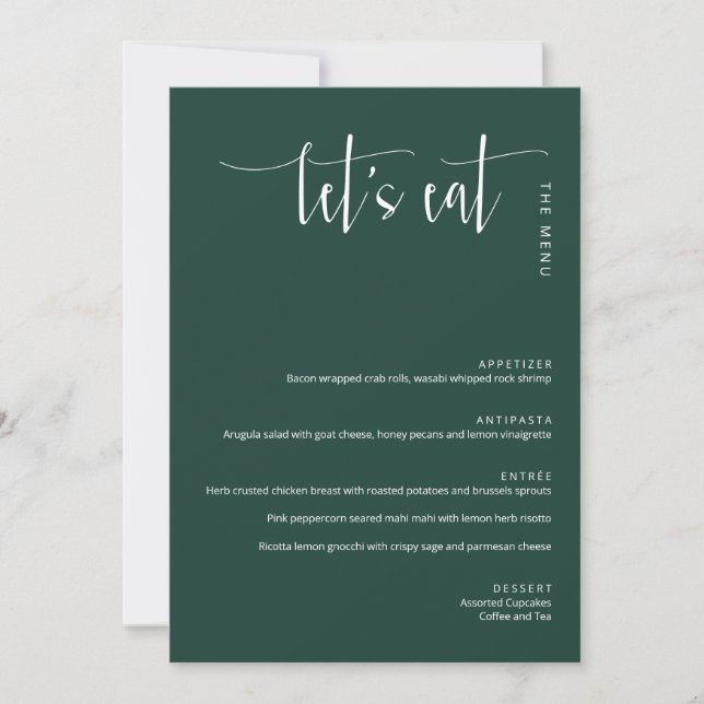 Elegant Emerald Green Modern Let's Eat Dinner Menu (Front)