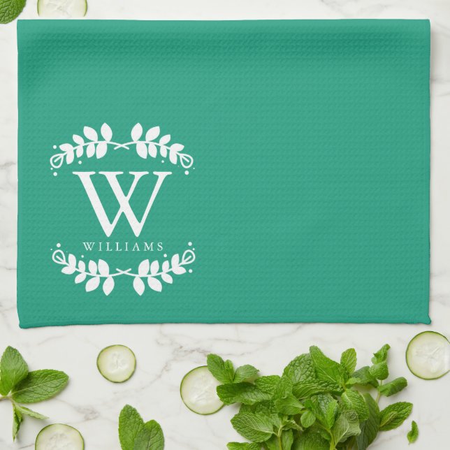 Elegant Emerald Green Monogram Kitchen Towel (Folded)