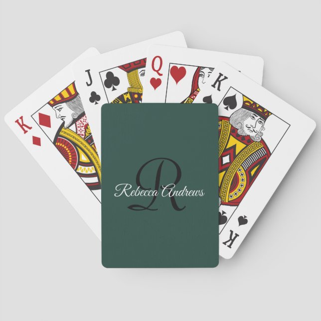 Elegant Emerald Green Name Initials Monogram Playing Cards (Back)