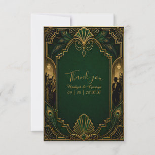 elegant Emerald green Peacock 1920s Gatsby Wedding Thank You Card