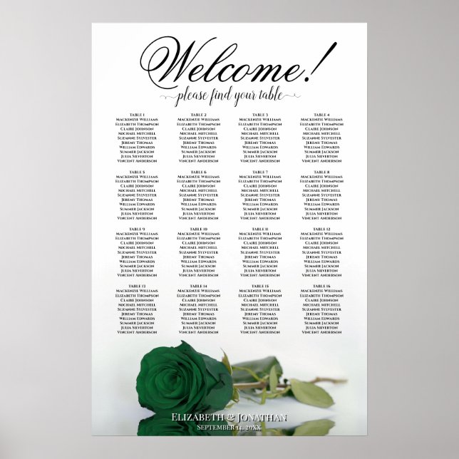 Elegant Emerald Green Rose 16 Table Seating Chart (Front)