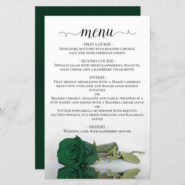 Élégant Emerald Green Rose Budget Mariage Menu (Devant / Derrière)