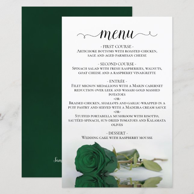 Elegant Emerald Green Rose Budget Wedding Menu (Front/Back)
