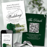 Elegant Emerald Green Rose Fancy QR Code Wedding Invitation<br><div class="desc">This beautiful wedding invitation features a gorgeous photograph of a single long stemmed emerald green coloured rose lying on its side reflecting in a pool of water with waves and ripples. The design features a fancy calligraphy script with a long curly tail making it both modern and classic. Elegant, sophisticated...</div>