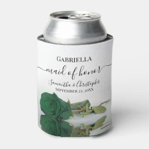 Elegant Emerald Green Rose Maid of Honor Wedding Can Cooler